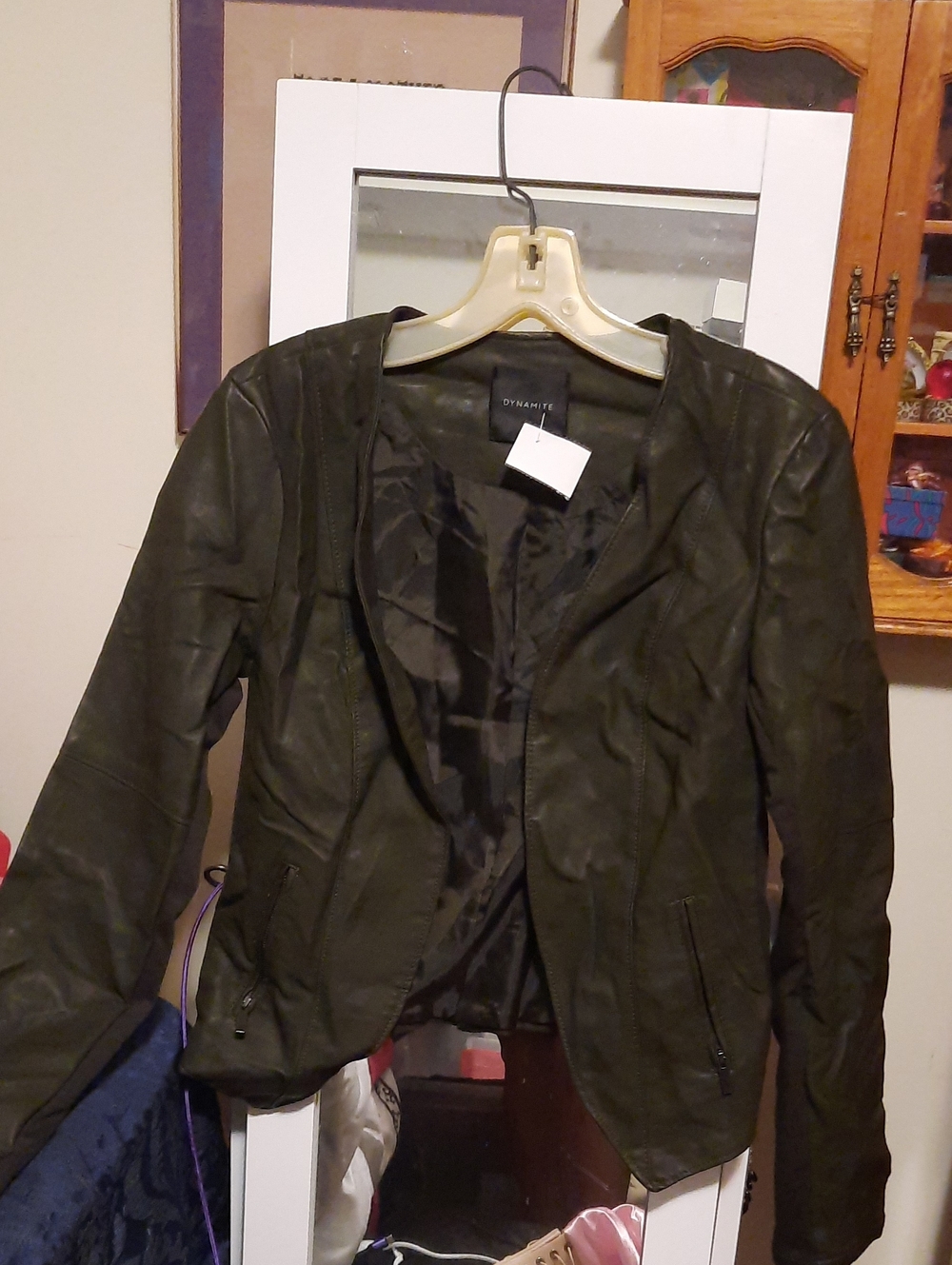 NWT "Dynamite" Olive Faux Leather Moto Jacket Fabric Underarms Size Med